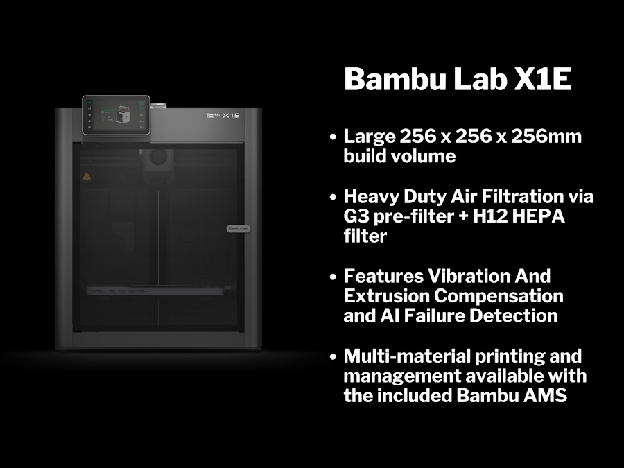 3Д принтер Bambu Lab X1E имеет закрытую конструкцию с областью печати 256x256x256 мм. Общие габариты модели составляют 389x389x457 мм