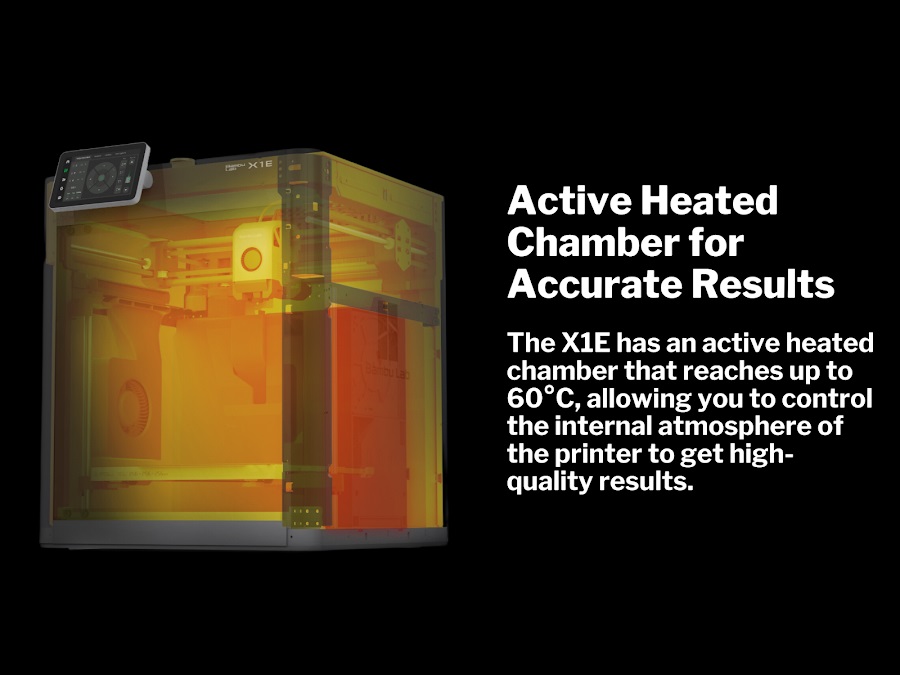 контролируемая температура камеры (до 60°C или 140°F) улучшает качество печати, особенно для нитей, склонных к короблению, таких как ABS и PC.