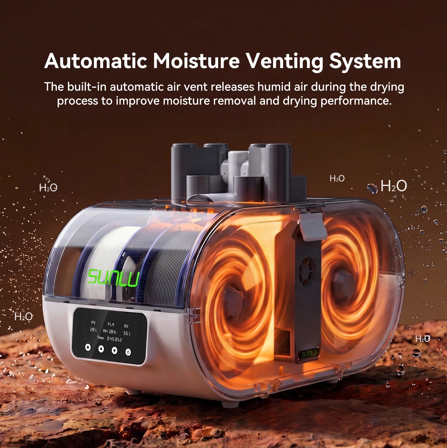 AMS Lite Heater получил Automatic Moisture Venting System - автоматическую систему отвода влажного воздуха. Встроенный клапан открывается в процессе работы и позволяет водяному пару выходить наружу. Пользователю не требуется самостоятельно контролировать вентиляционные отверстия. Система регулирует воздухообмен автоматически, помогая избежать накопления влажного воздуха и его повторного воздействия на филамент.