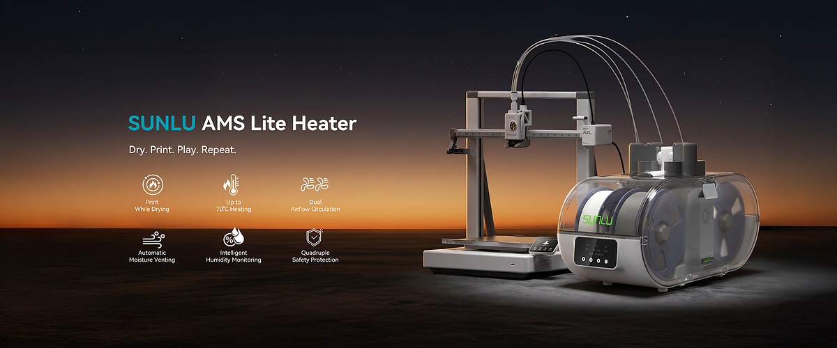 SUNLU AMS Lite Heater - компактный нагревательный модуль для системы хранения и подачи филамента AMS Lite. Устройство помогает поддерживать стабильную температуру внутри отсека с катушками, снижать уровень влаги и создавать более подходящие условия для хранения чувствительных к влажности материалов. Нагреватель обеспечивает равномерное распределение тепла внутри системы и помогает быстрее удалять остаточную влагу из пластика.